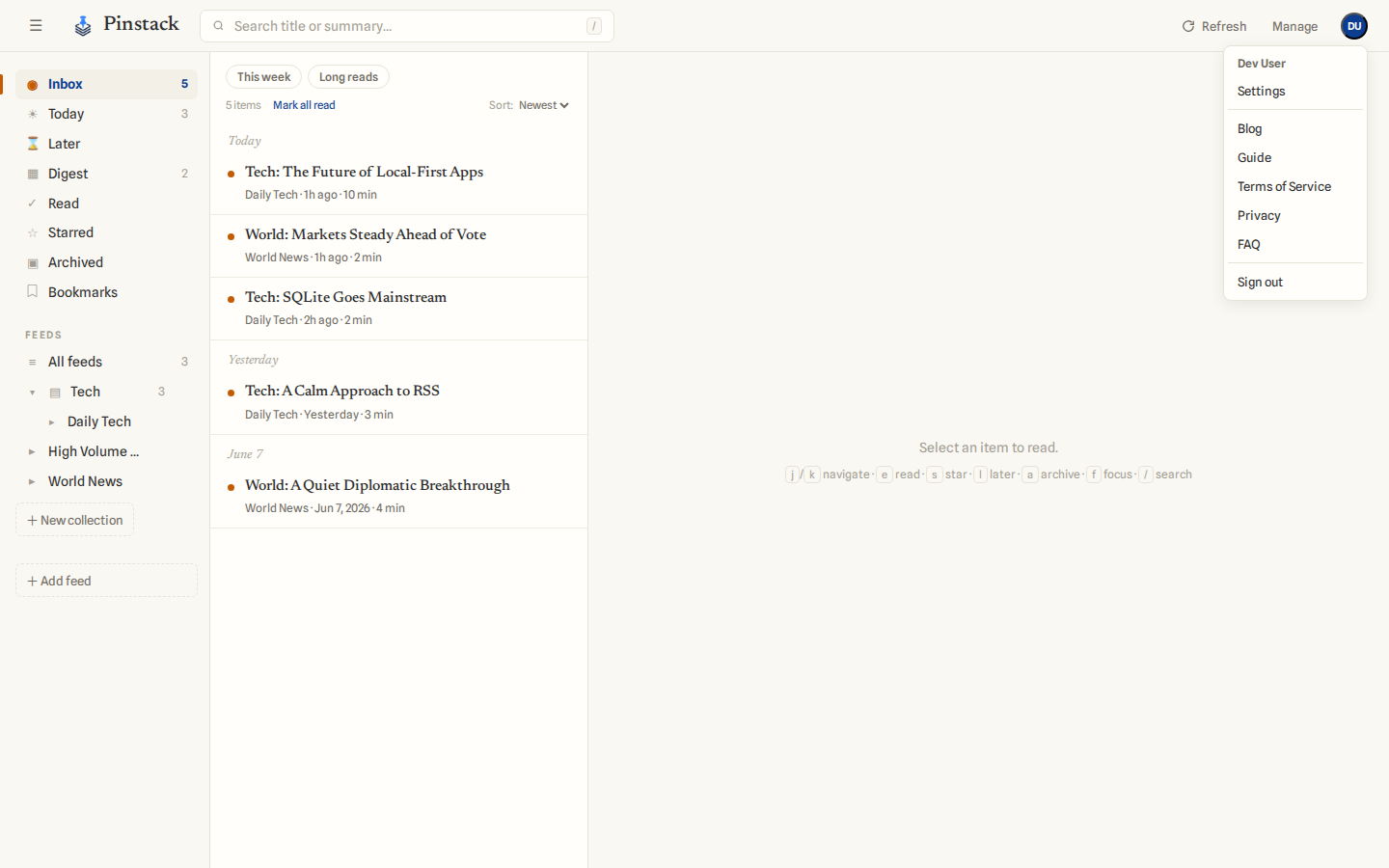 The account menu open in the top-right, showing Guide, Terms, Privacy, FAQ, and Sign out.