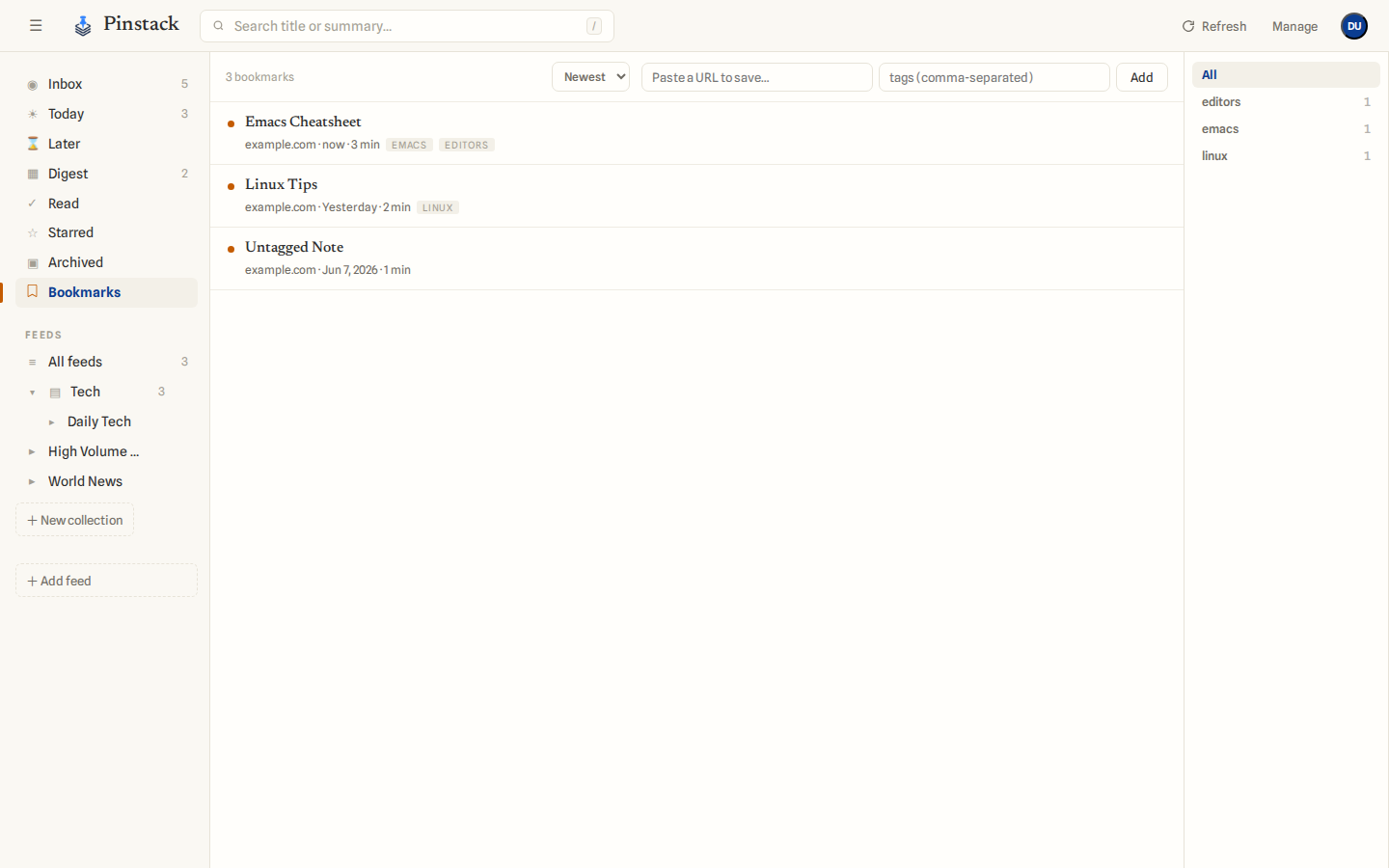 The Bookmarks view: list of saved links with a tag rail on the right.