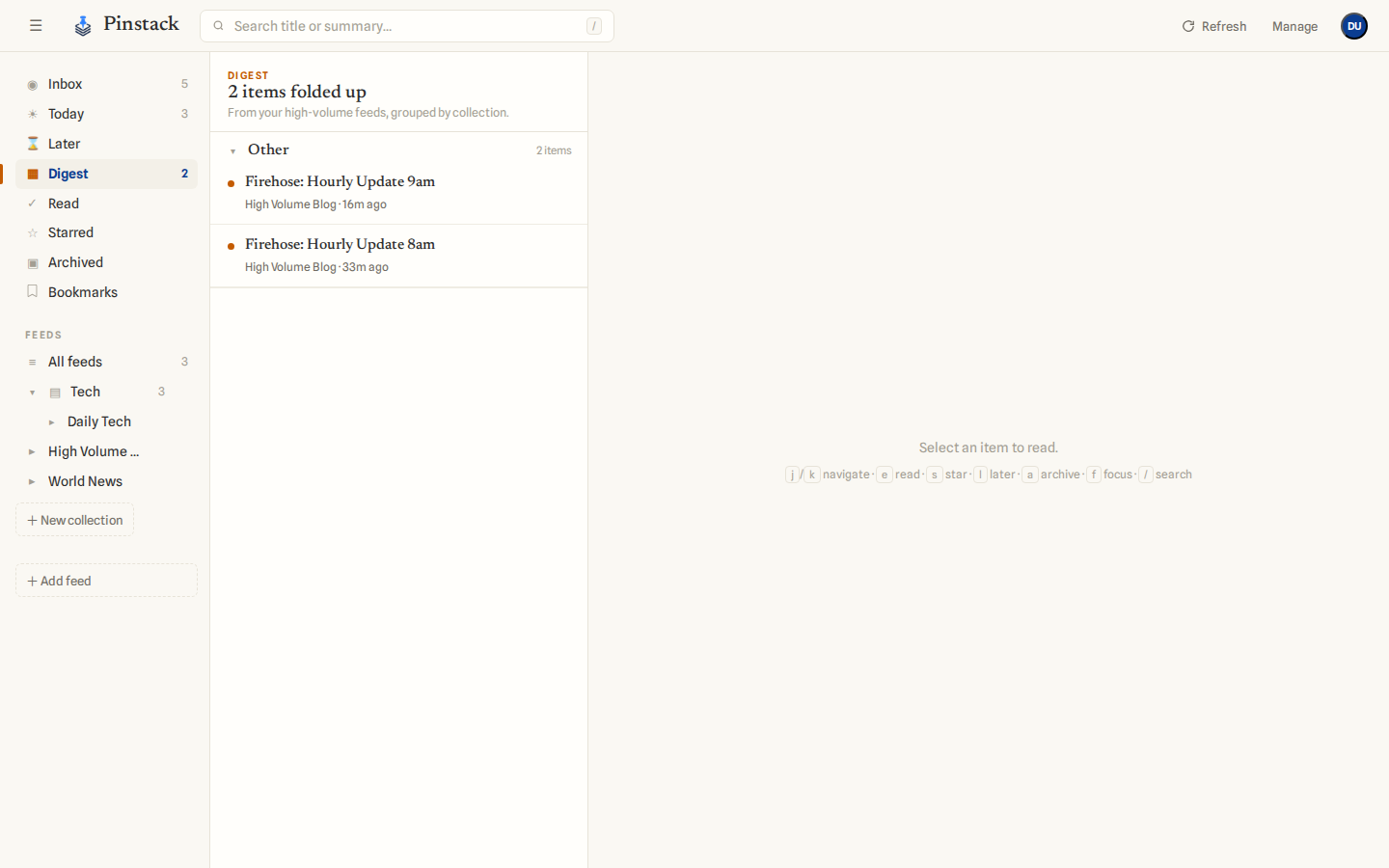 The Digest view with items folded into collapsible groups by collection.