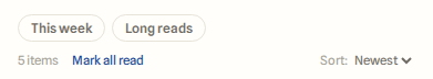 The filter bar with This week and Long reads chips, an item count, and a sort control.