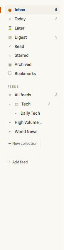 The left navigation showing views and a Feeds tree with a Tech collection.
