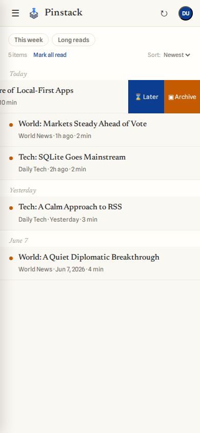 A list row swiped left to reveal Later and Archive actions.