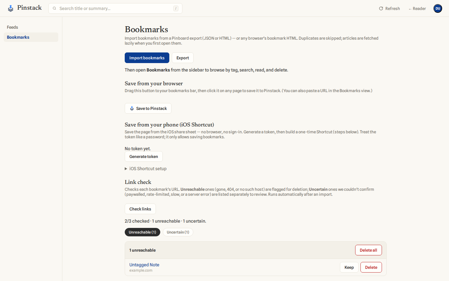 Manage → Bookmarks: import, export, bookmarklet, save token, and link check.