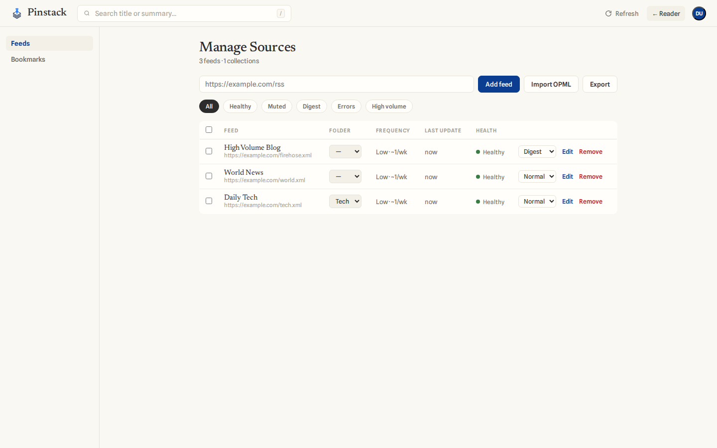 The Manage Sources page: a table of feeds with folder, frequency, last update, health, and mode controls.