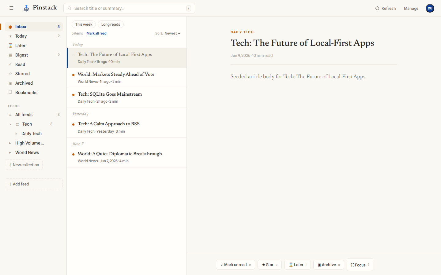 An article open in the reader pane with an action bar along the bottom.