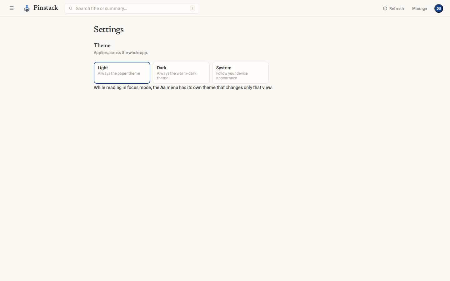 The Settings page with the Light / Dark / System theme picker.