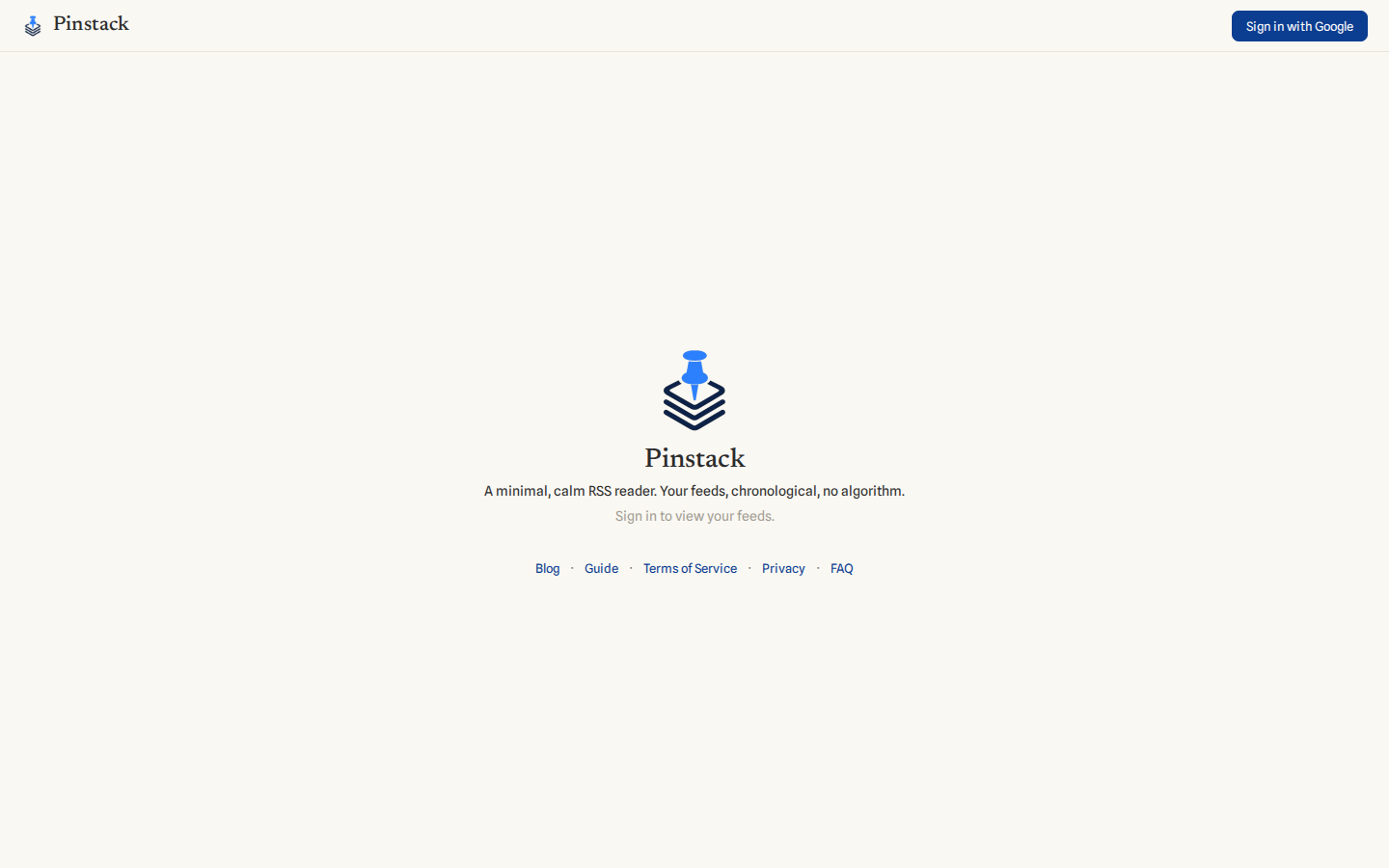 The Pinstack welcome screen with a sign-in prompt.